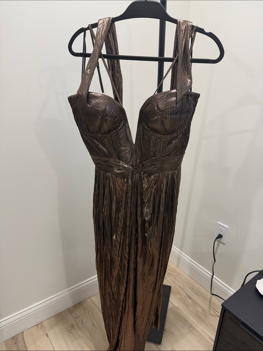 Metallic Bronze Maxi Dress with Plunging Neckline
